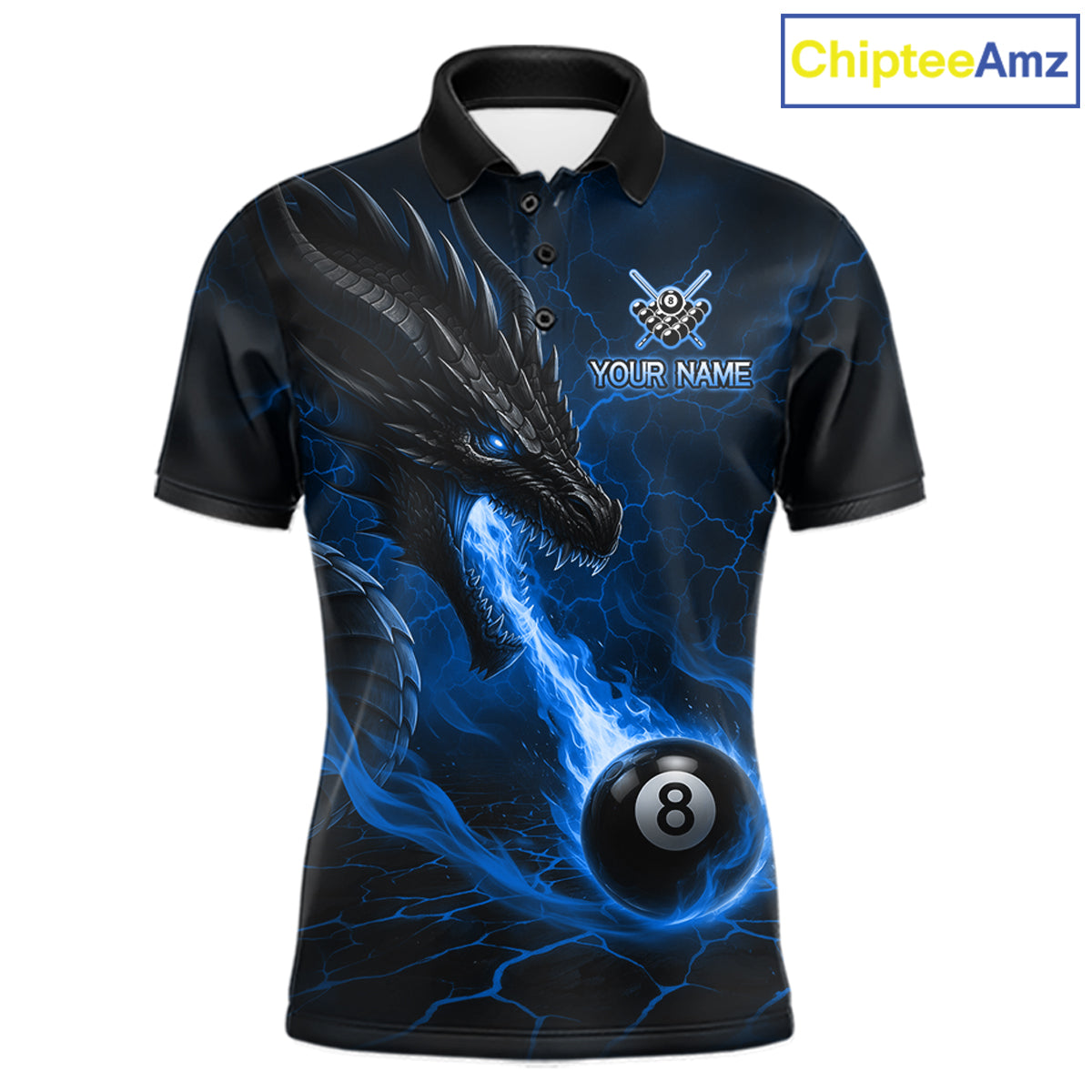 Custom dragon 8 ball pool fire billiard polo shirt for men, blue billiard team jersey with dragon flame artwork.