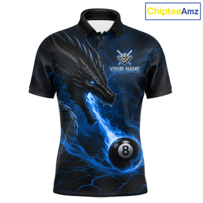 Custom dragon 8 ball pool fire billiard polo shirt for men, blue billiard team jersey with dragon flame artwork.