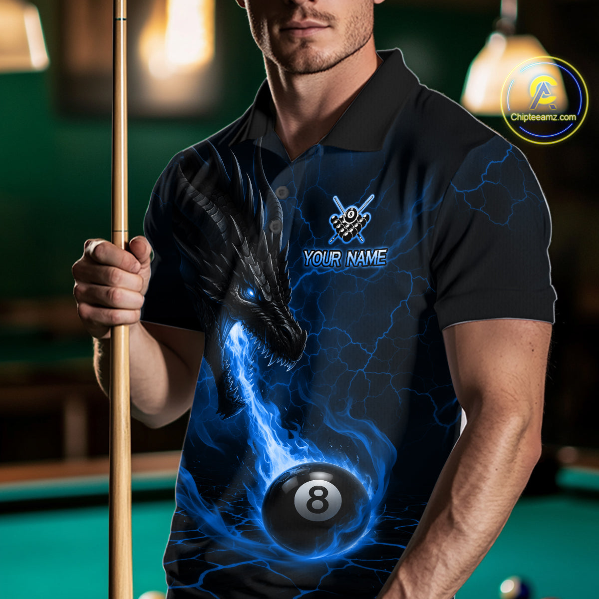 Man wearing a blue dragon 8 ball pool fire billiard jersey front view, custom pool team shirt.