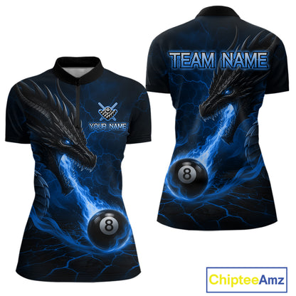 Custom dragon 8 ball pool fire quarter zip billiard shirt for women, blue pool team jersey uniform.