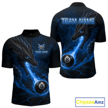 Load image into Gallery viewer, Custom dragon 8 ball pool fire quarter zip billiard shirt for men, blue pool team jersey uniform.