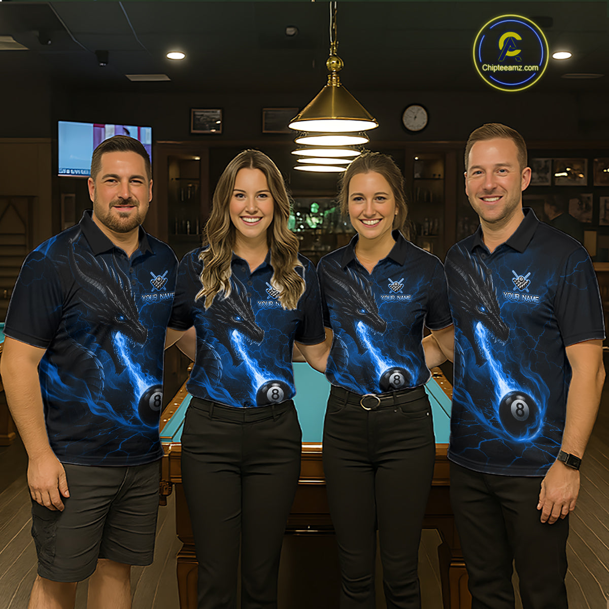 Pool team wearing matching blue dragon 8 ball pool fire billiard jerseys front view.