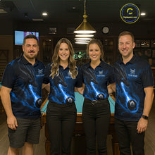 Load image into Gallery viewer, Pool team wearing matching blue dragon 8 ball pool fire billiard jerseys front view.