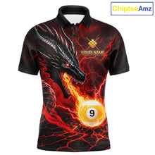 Load image into Gallery viewer, Custom dragon 9 ball pool fire billiard polo shirt for men, red billiard team jersey with dragon and flame design.