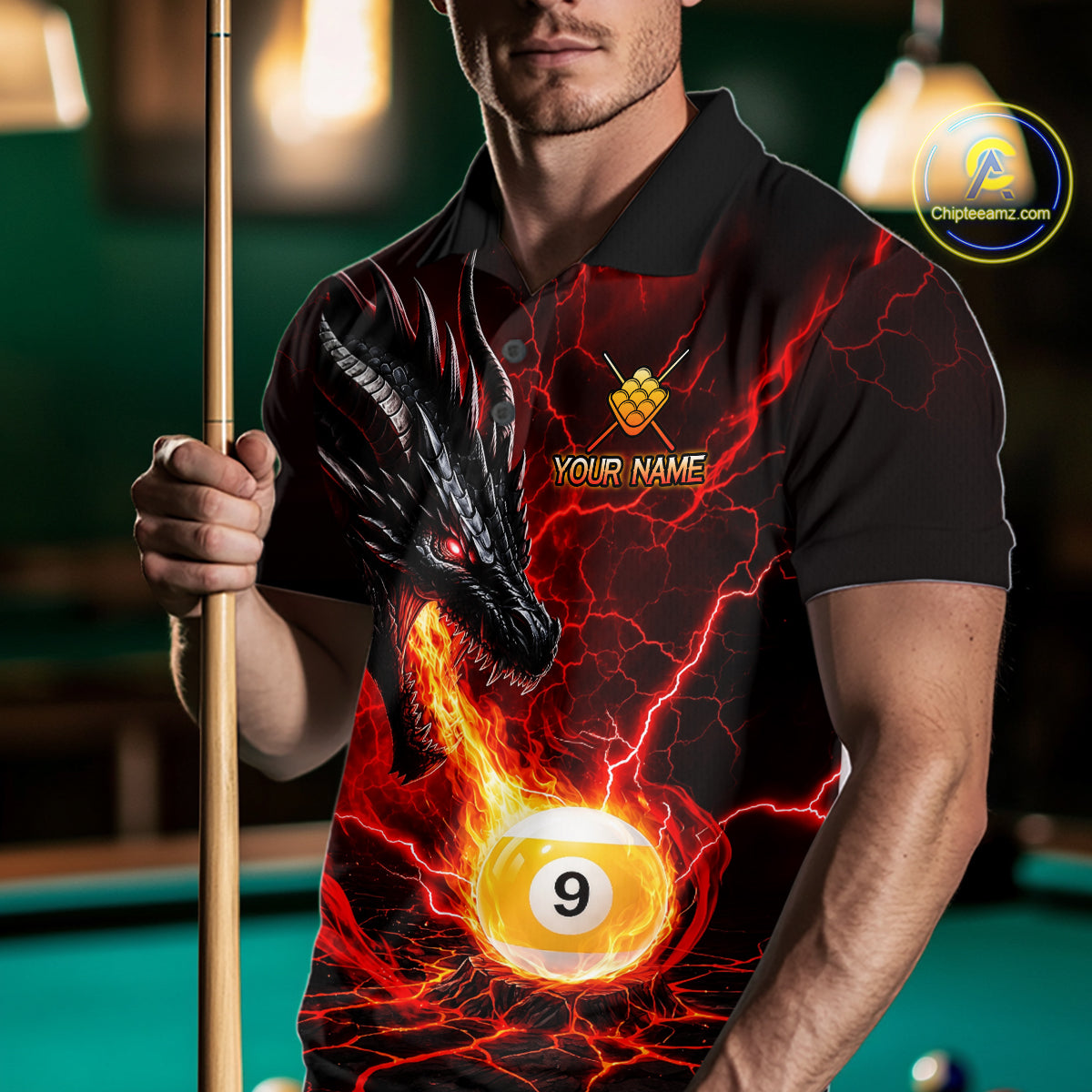 Man wearing a red dragon 9 ball pool fire billiard jersey front view, custom pool team shirt.