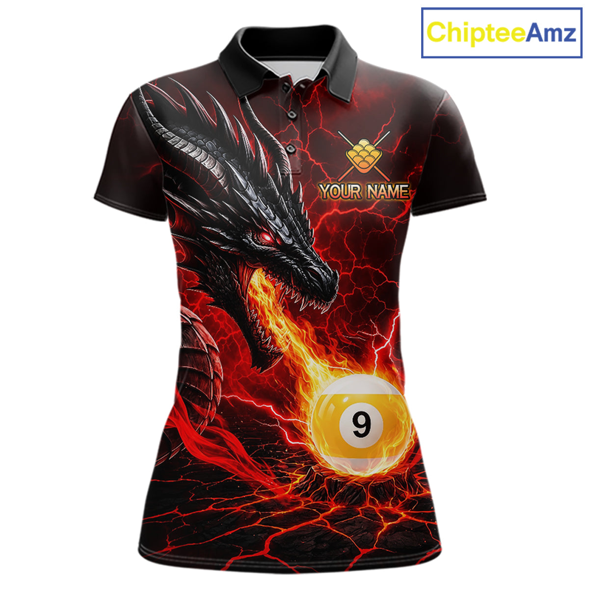 Custom dragon 9 ball pool fire billiard polo shirt for women, red billiard team jersey with dragon and flame design.