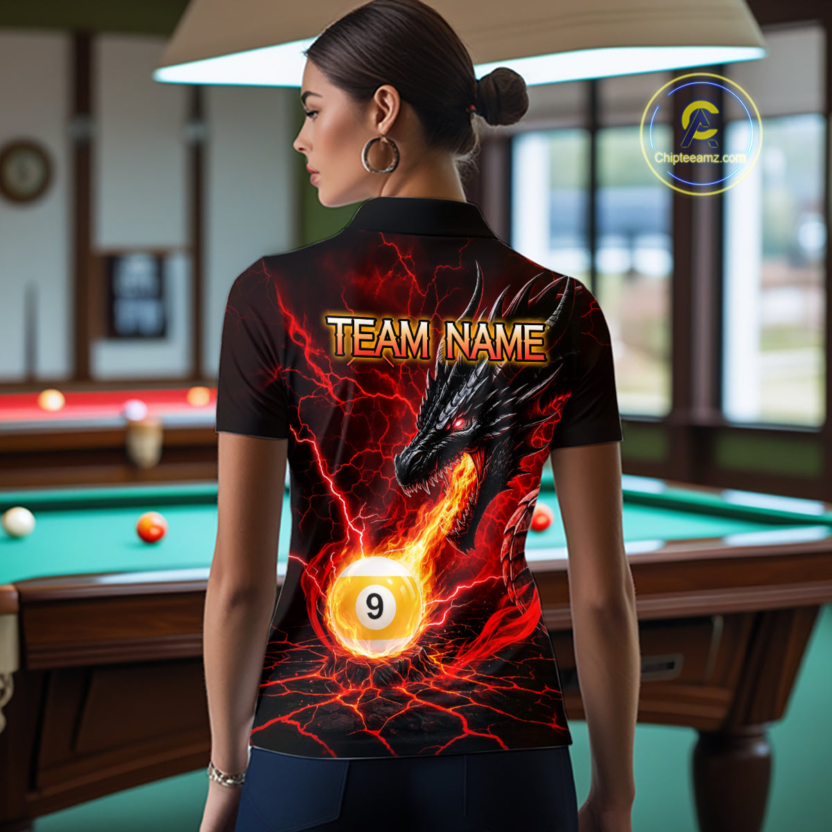 Back view of woman wearing a red dragon 9 ball pool fire billiard team jersey.