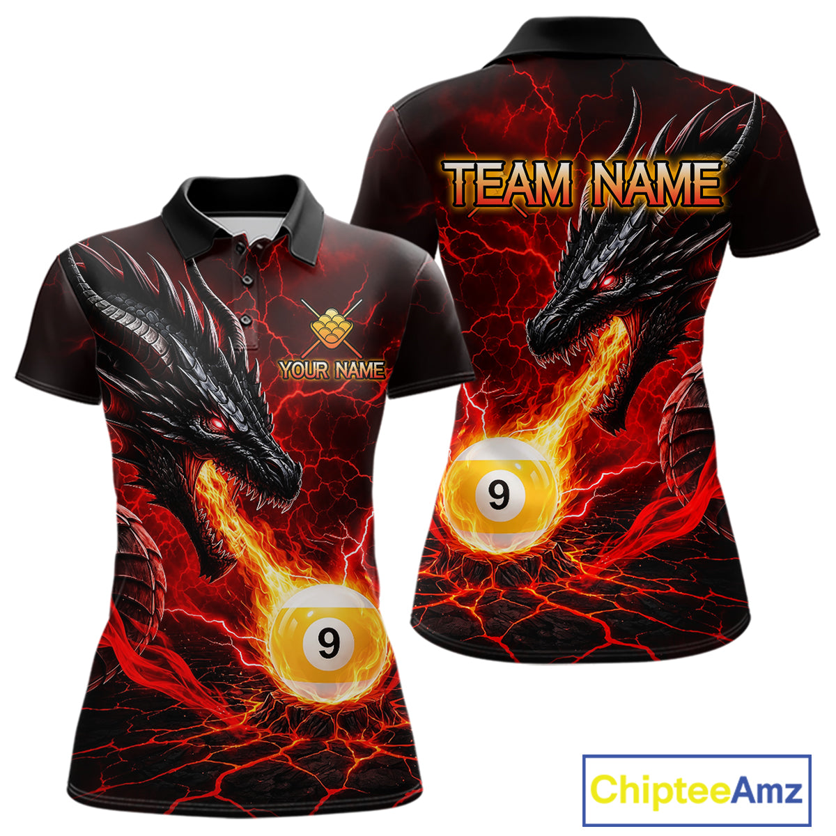 Red dragon 9 ball pool fire custom billiard polo shirt for women, personalized pool team jersey apparel.