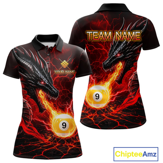Red dragon 9 ball pool fire custom billiard polo shirt for women, personalized pool team jersey apparel.