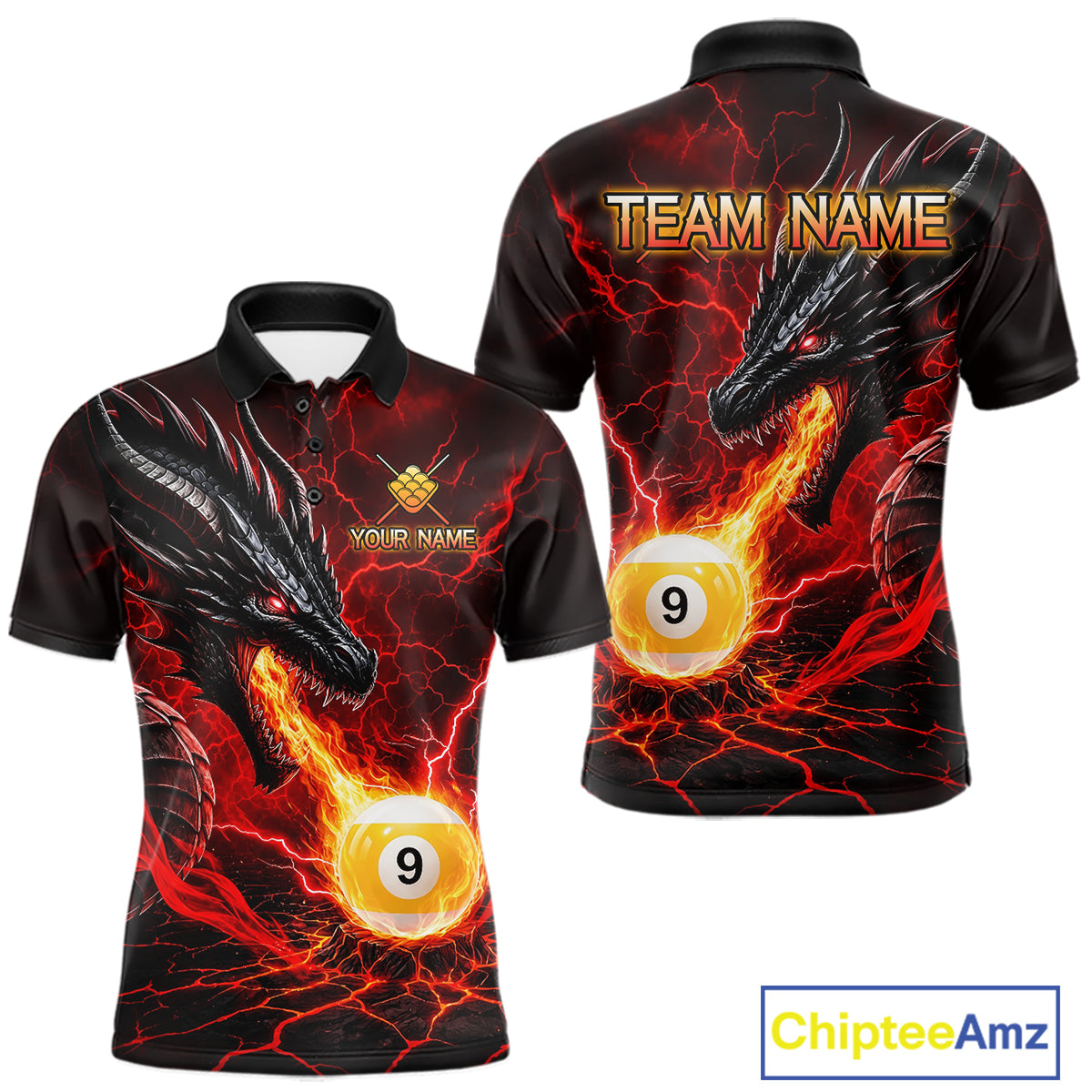Red dragon 9 ball pool fire custom billiard polo shirt for men, personalized pool team jersey apparel.