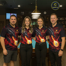 Load image into Gallery viewer, Pool team wearing matching red dragon 9 ball pool fire billiard jerseys front view.