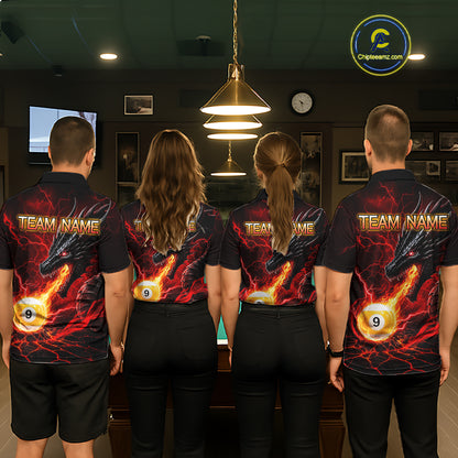 Back view of pool team wearing matching red dragon 9 ball pool fire billiard shirts.