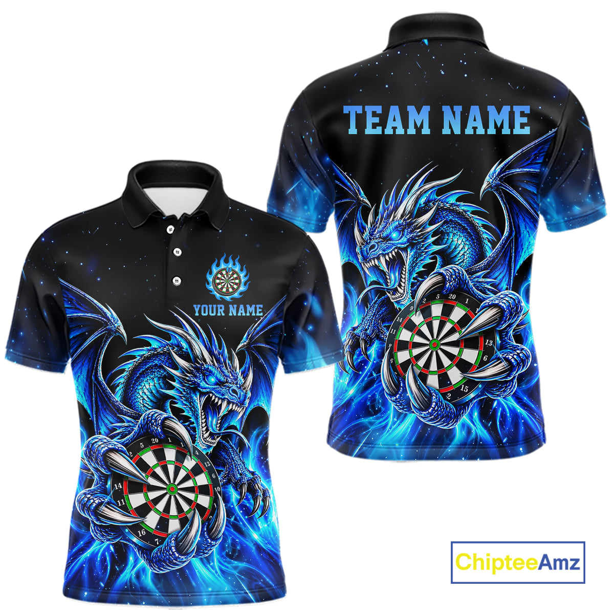 Blue Flaming Dragon Darts Shirts For Men Custom Darts League Team Jersey Polo & Quarter Zip TDM8029
