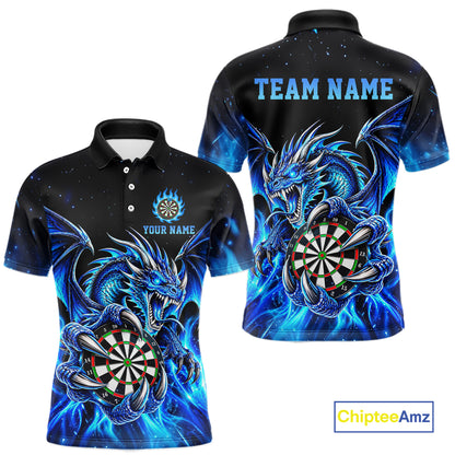 Blue Flaming Dragon Darts Shirts For Men Custom Darts League Team Jersey Polo & Quarter Zip TDM8029