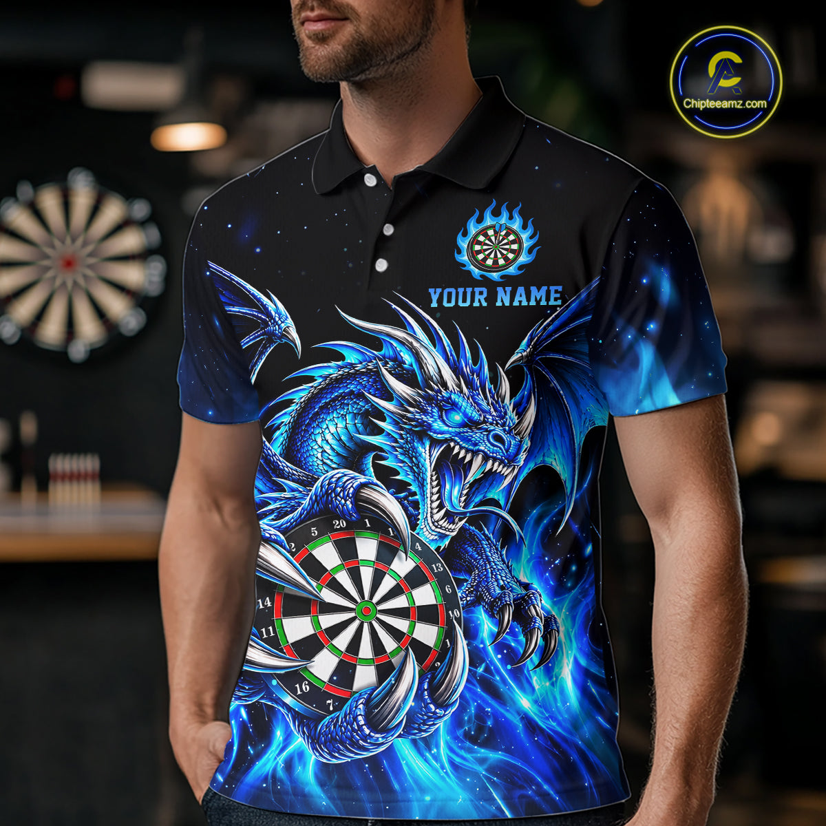 Blue Flaming Dragon Darts Shirts For Men Custom Darts League Team Jersey Polo & Quarter Zip TDM8029