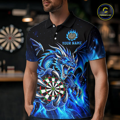Blue Flaming Dragon Darts Shirts For Men Custom Darts League Team Jersey Polo & Quarter Zip TDM8029
