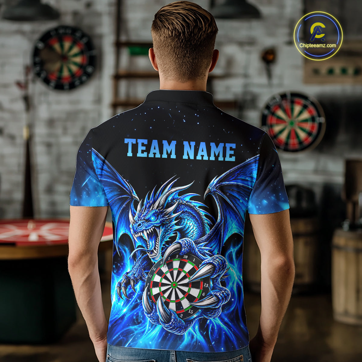 Blue Flaming Dragon Darts Shirts For Men Custom Darts League Team Jersey Polo & Quarter Zip TDM8029