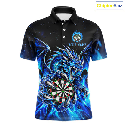 Blue Flaming Dragon Darts Shirts For Men Custom Darts League Team Jersey Polo & Quarter Zip TDM8029