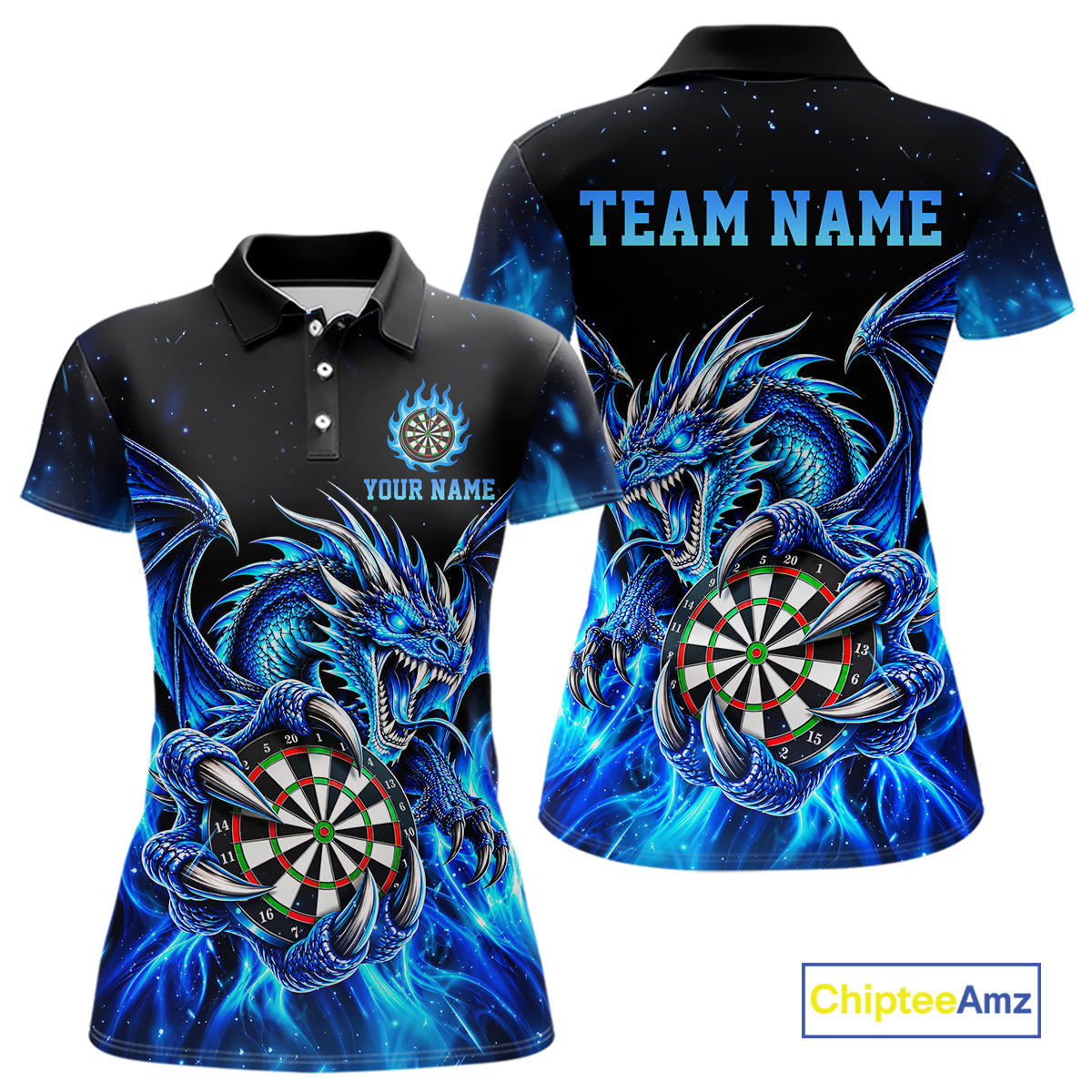 Blue Flaming Dragon Darts Shirts For Women Custom Darts League Team Jersey Polo & Quarter Zip TDM8029
