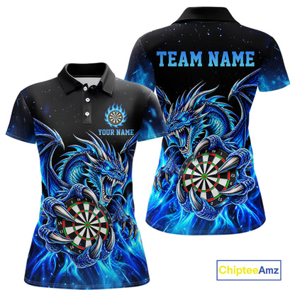 Blue Flaming Dragon Darts Shirts For Women Custom Darts League Team Jersey Polo & Quarter Zip TDM8029