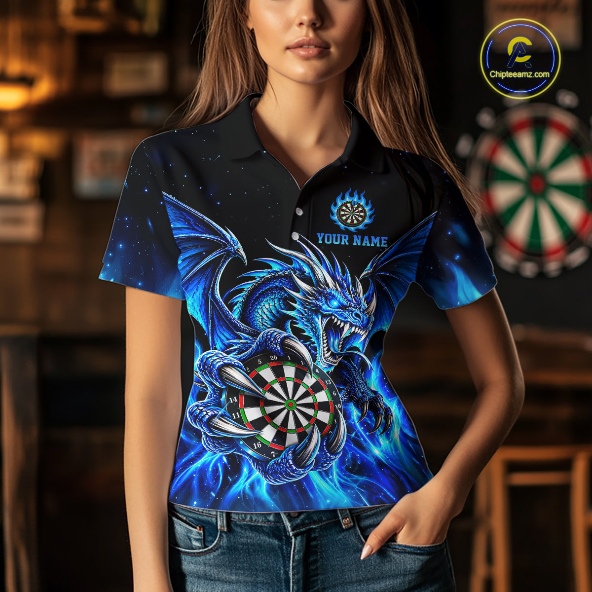Blue Flaming Dragon Darts Shirts For Women Custom Darts League Team Jersey Polo & Quarter Zip TDM8029