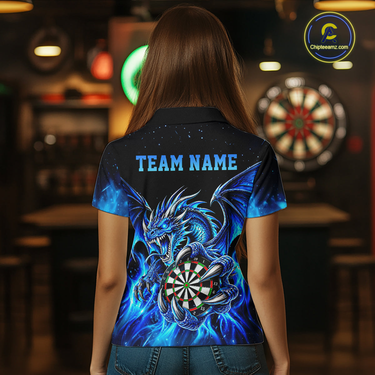 Blue Flaming Dragon Darts Shirts For Women Custom Darts League Team Jersey Polo & Quarter Zip TDM8029