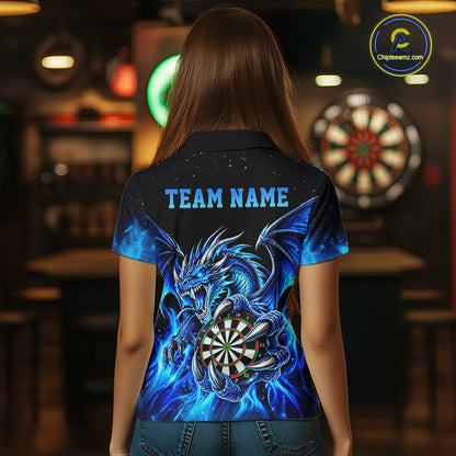 Blue Flaming Dragon Darts Shirts For Women Custom Darts League Team Jersey Polo & Quarter Zip TDM8029