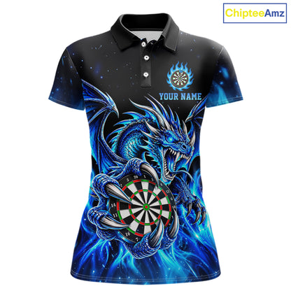 Blue Flaming Dragon Darts Shirts For Women Custom Darts League Team Jersey Polo & Quarter Zip TDM8029