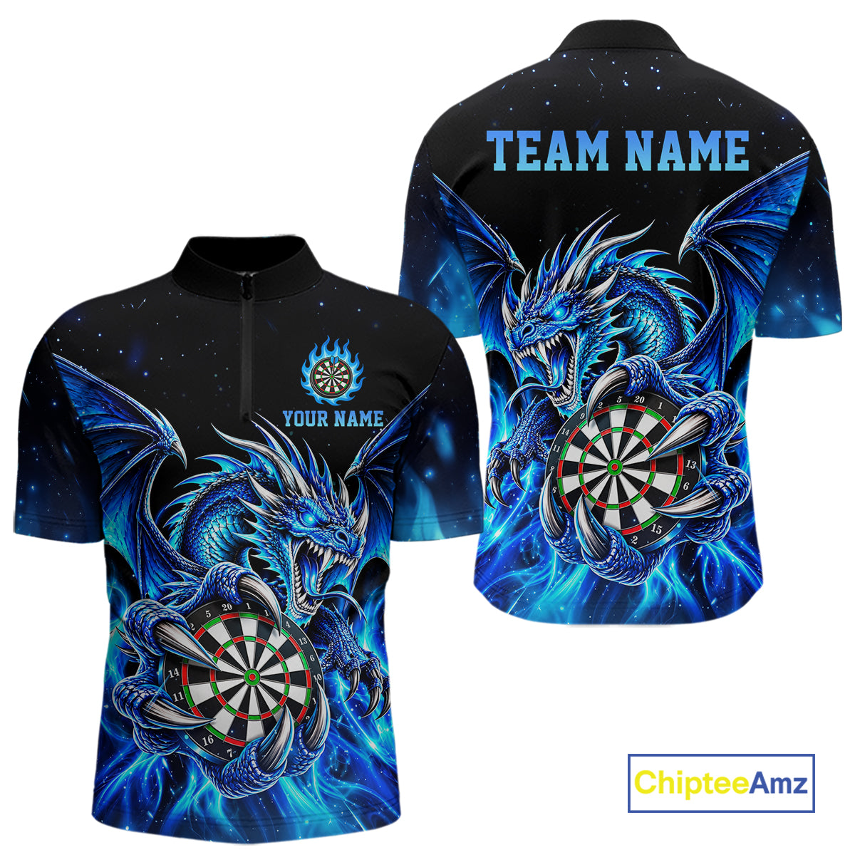 Blue Flaming Dragon Darts Shirts For Men Custom Darts League Team Jersey Polo & Quarter Zip TDM8029