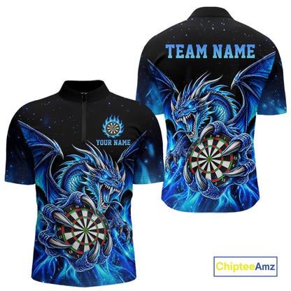 Blue Flaming Dragon Darts Shirts For Men Custom Darts League Team Jersey Polo & Quarter Zip TDM8029