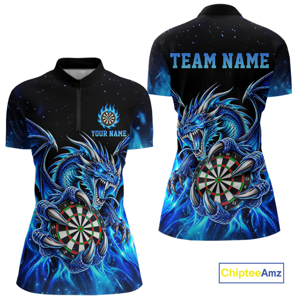 Blue Flaming Dragon Darts Shirts For Women Custom Darts League Team Jersey Polo & Quarter Zip TDM8029