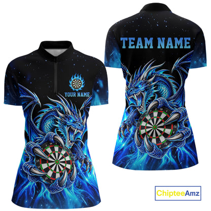 Blue Flaming Dragon Darts Shirts For Women Custom Darts League Team Jersey Polo & Quarter Zip TDM8029