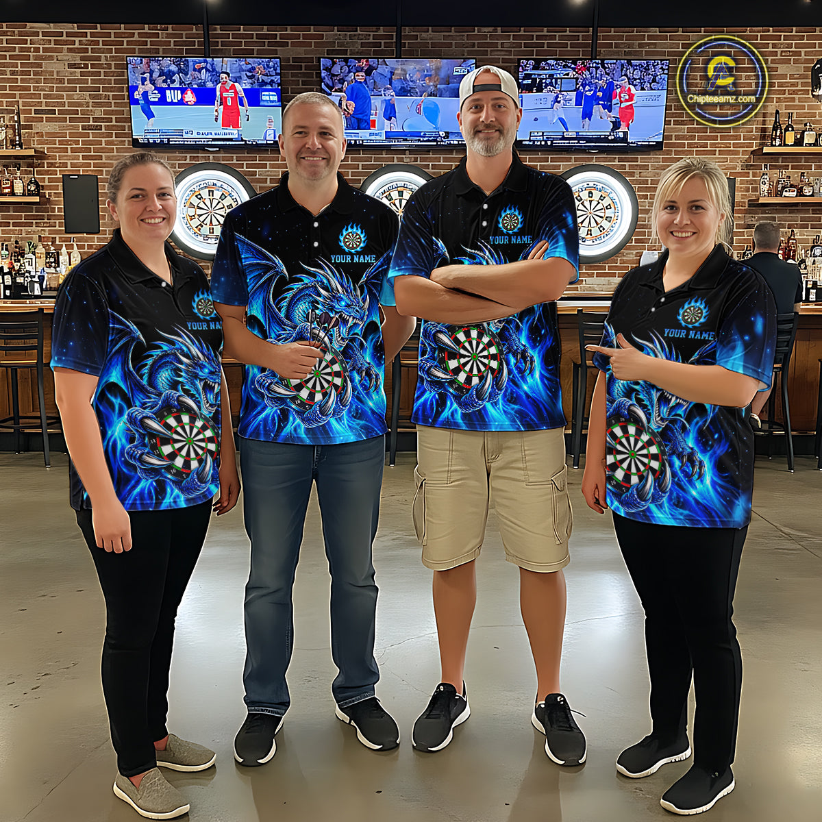 Blue Flaming Dragon Darts Shirts For Women Custom Darts League Team Jersey Polo & Quarter Zip TDM8029