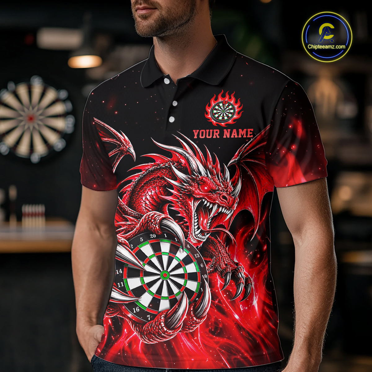 Red Flaming Dragon Darts Shirts For Men Custom Darts League Team Jersey Polo & Quarter Zip TDM8030