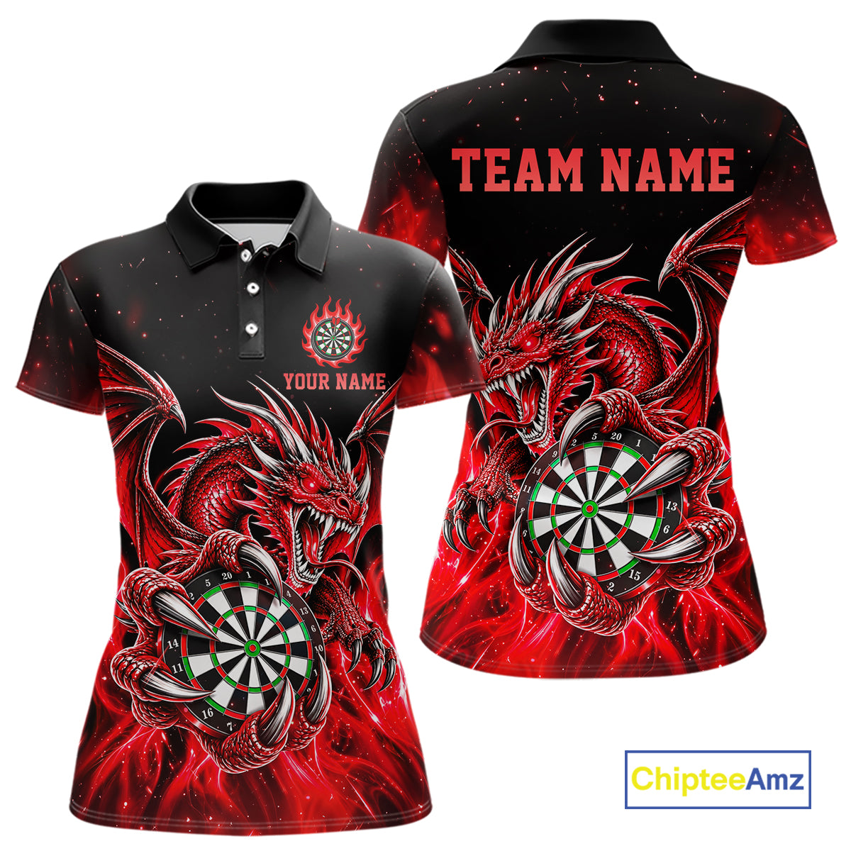 Red Flaming Dragon Darts Shirts For Women Custom Darts League Team Jersey Polo & Quarter Zip TDM8030