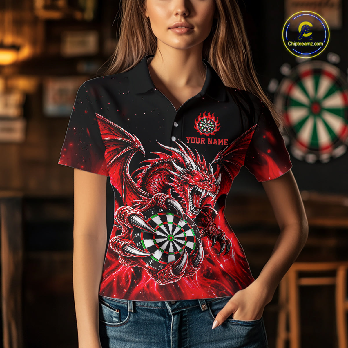 Red Flaming Dragon Darts Shirts For Women Custom Darts League Team Jersey Polo & Quarter Zip TDM8030