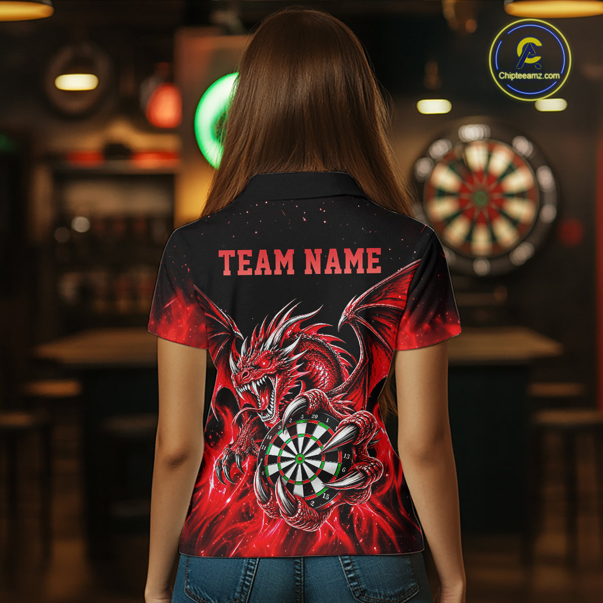 Red Flaming Dragon Darts Shirts For Women Custom Darts League Team Jersey Polo & Quarter Zip TDM8030