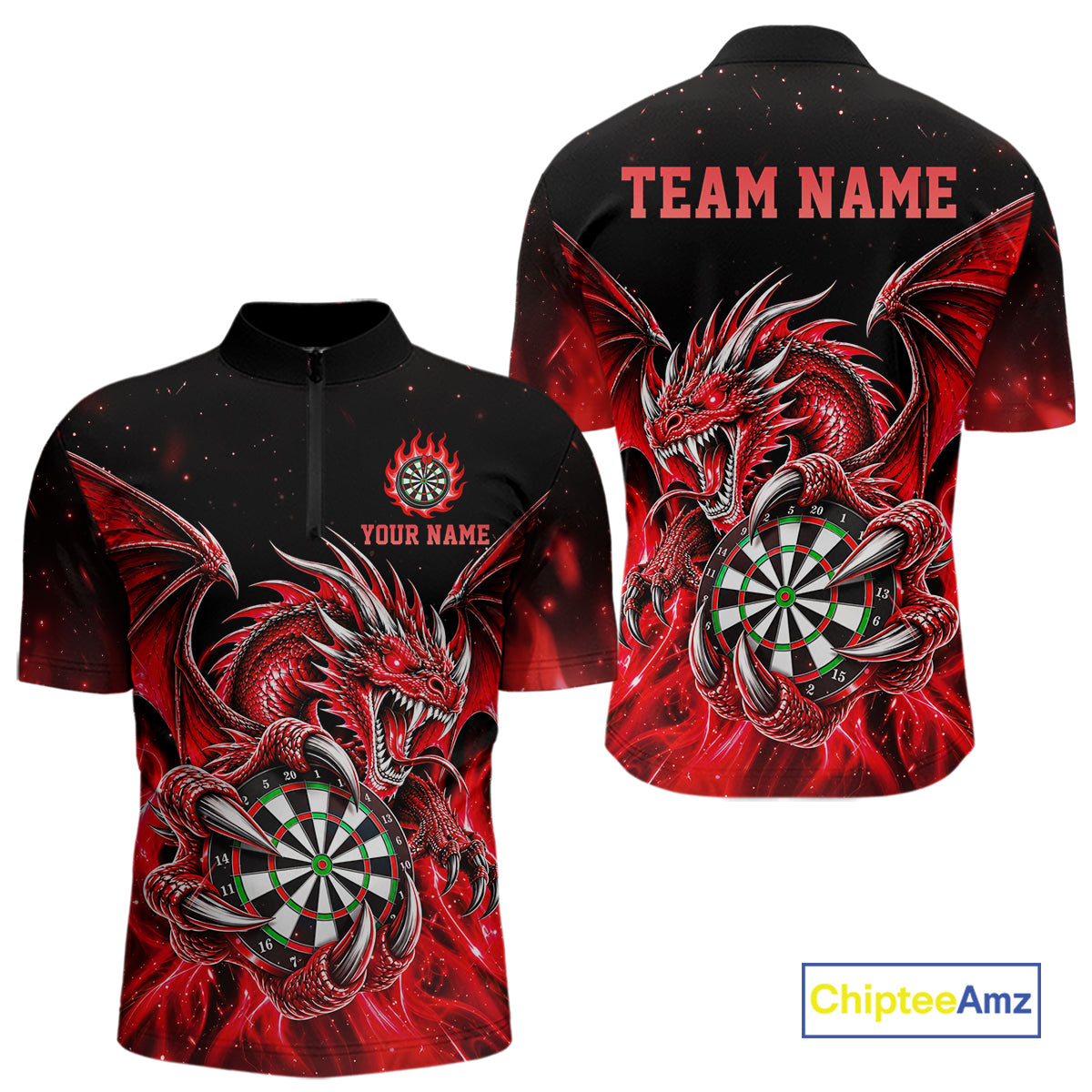 Red Flaming Dragon Darts Shirts For Men Custom Darts League Team Jersey Polo & Quarter Zip TDM8030
