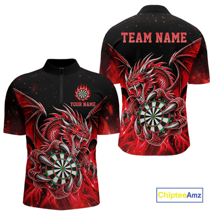 Red Flaming Dragon Darts Shirts For Men Custom Darts League Team Jersey Polo & Quarter Zip TDM8030