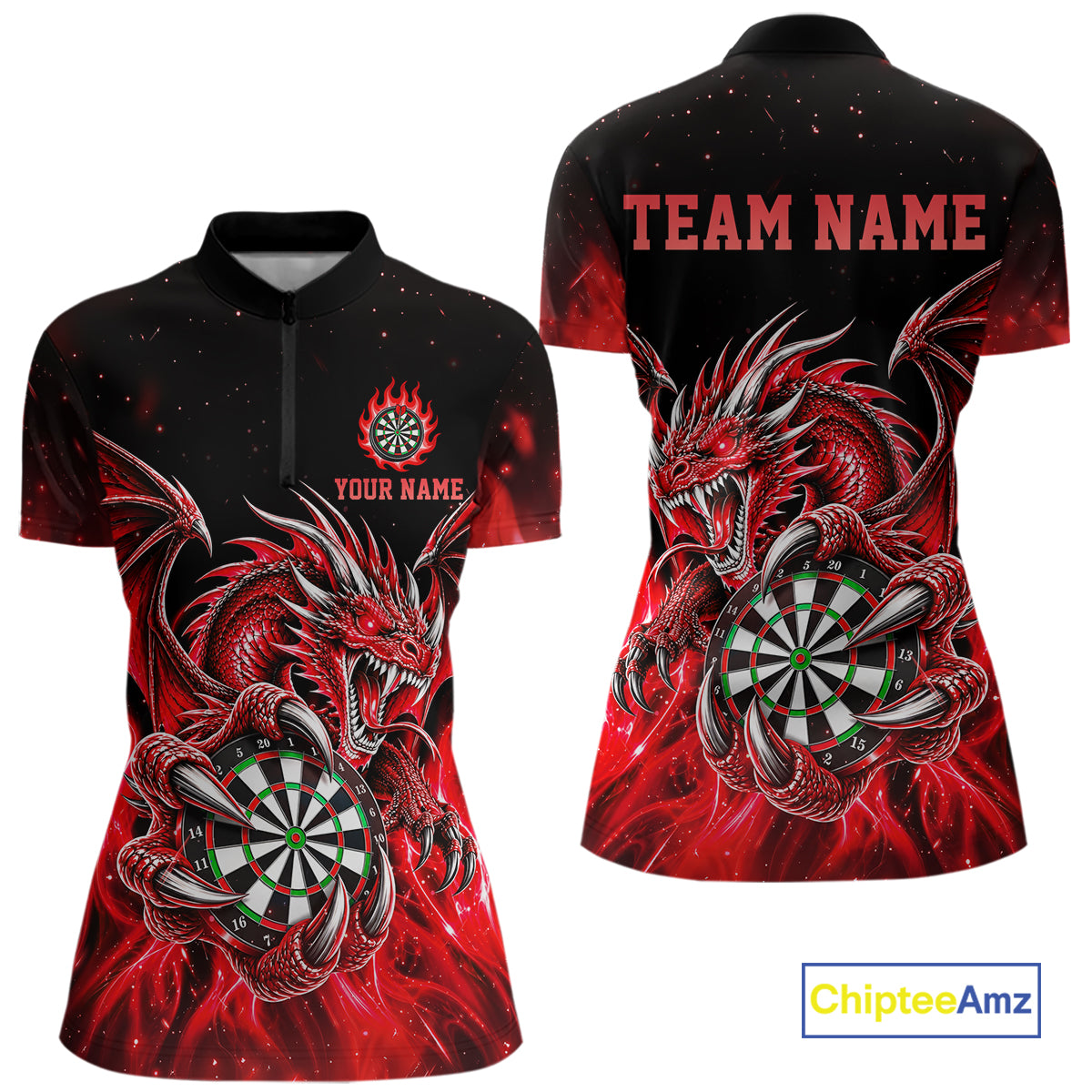 Red Flaming Dragon Darts Shirts For Women Custom Darts League Team Jersey Polo & Quarter Zip TDM8030