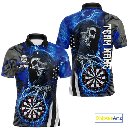 Personalized Blue Flame Grim Reaper US Flag Darts Shirts For Men Custom Skull Darts Team Jersey TDM8031
