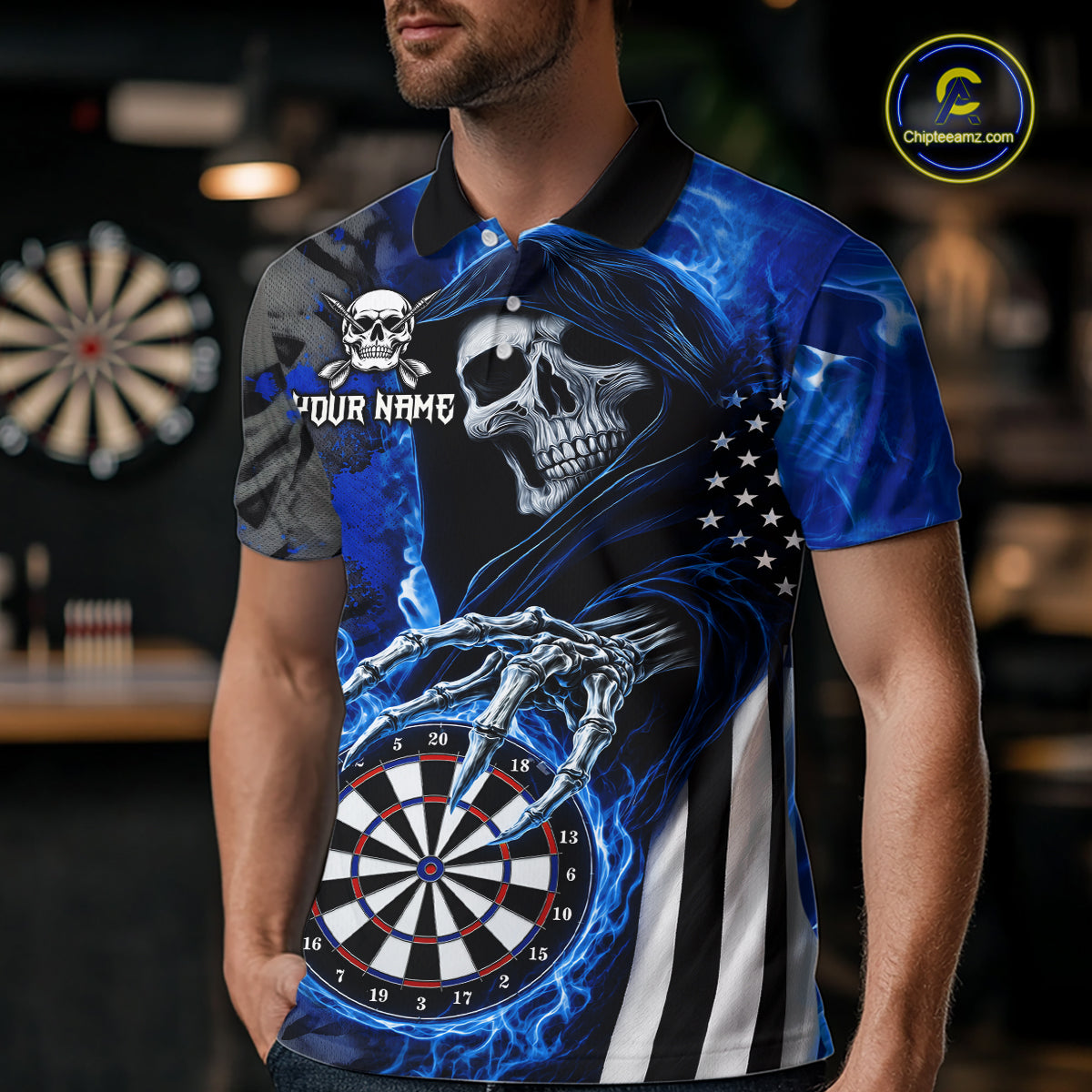 Personalized Blue Flame Grim Reaper US Flag Darts Shirts For Men Custom Skull Darts Team Jersey TDM8031