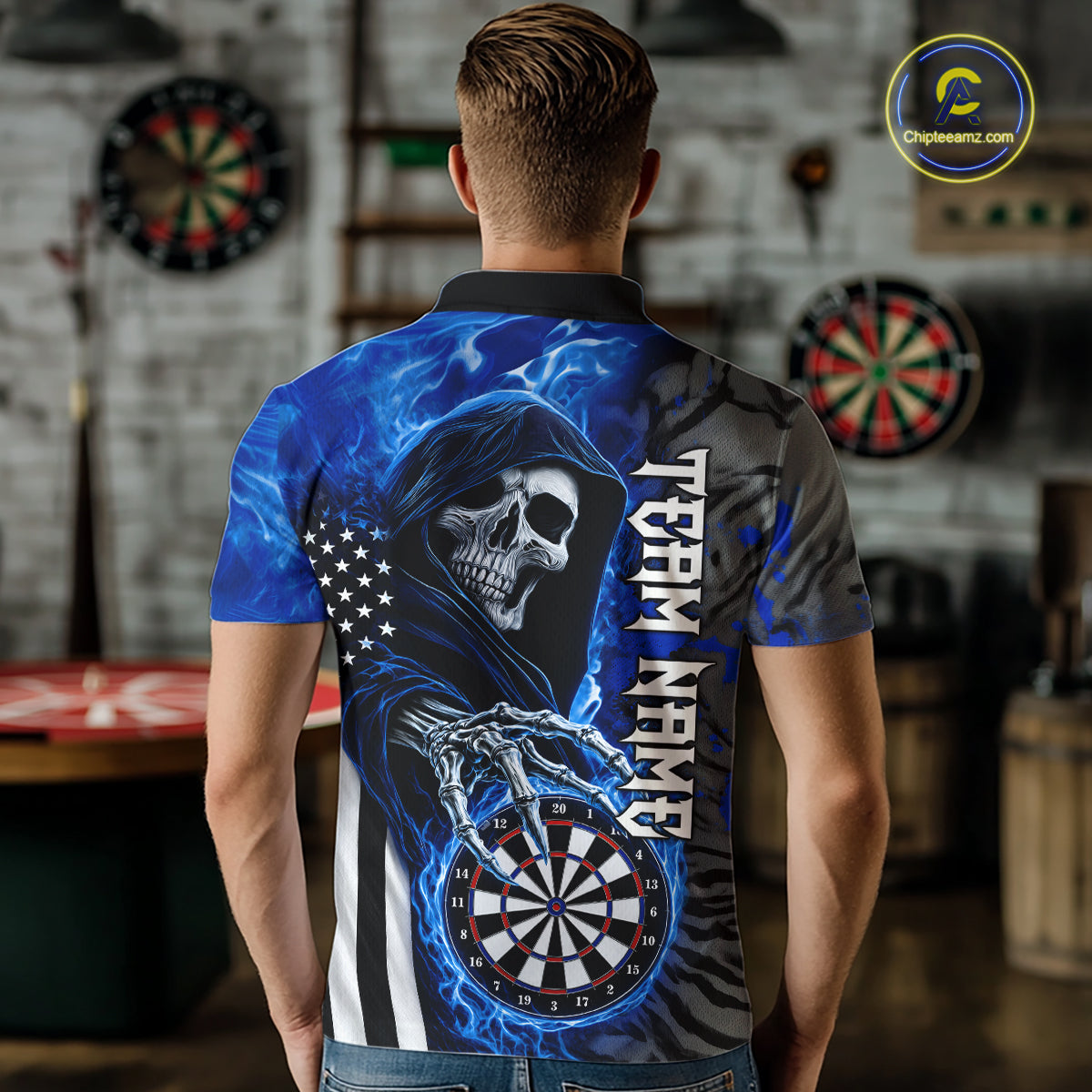 Personalized Blue Flame Grim Reaper US Flag Darts Shirts For Men Custom Skull Darts Team Jersey TDM8031