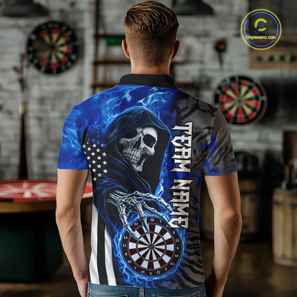 Personalized Blue Flame Grim Reaper US Flag Darts Shirts For Men Custom Skull Darts Team Jersey TDM8031
