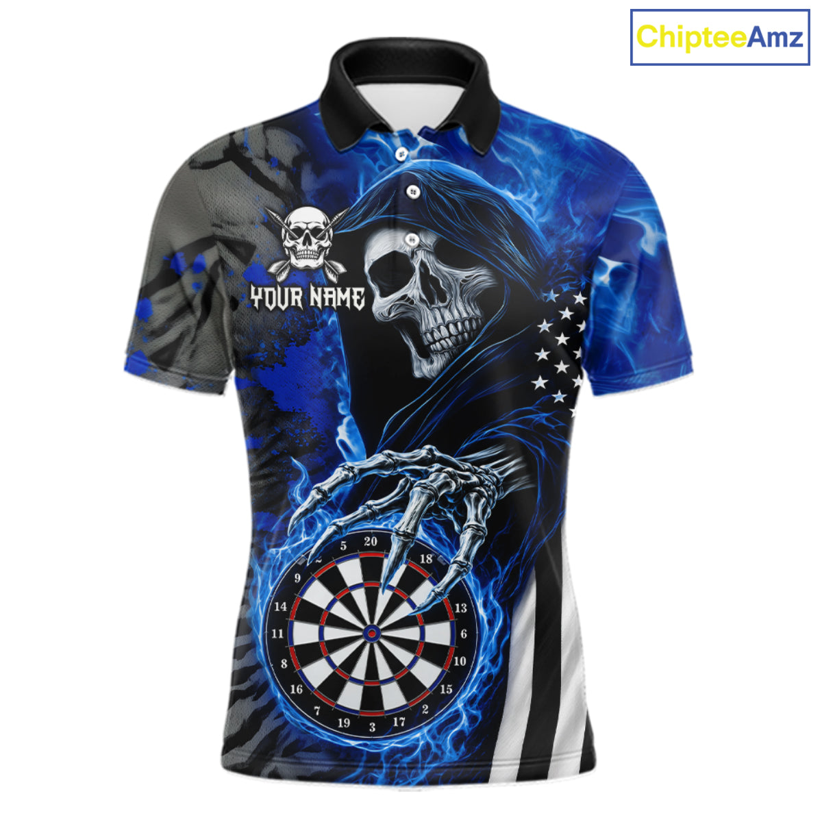 Personalized Blue Flame Grim Reaper US Flag Darts Shirts For Men Custom Skull Darts Team Jersey TDM8031