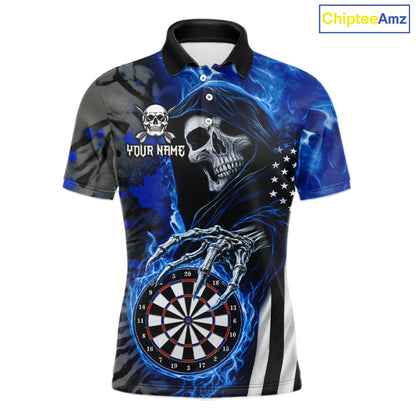 Personalized Blue Flame Grim Reaper US Flag Darts Shirts For Men Custom Skull Darts Team Jersey TDM8031