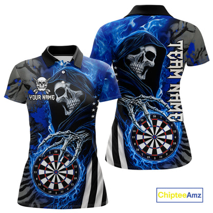 Personalized Blue Flame Grim Reaper US Flag Darts Shirts For Women Custom Skull Darts Team Jersey TDM8031