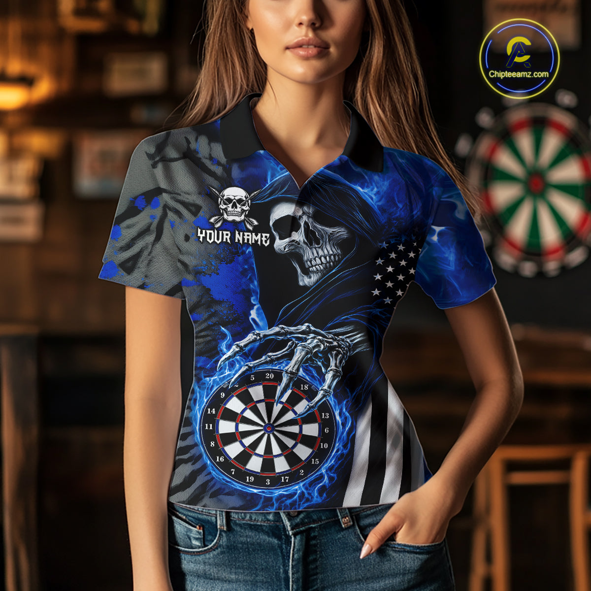 Personalized Blue Flame Grim Reaper US Flag Darts Shirts For Women Custom Skull Darts Team Jersey TDM8031