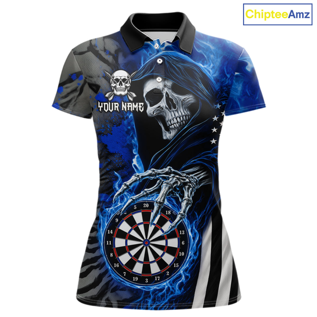 Personalized Blue Flame Grim Reaper US Flag Darts Shirts For Women Custom Skull Darts Team Jersey TDM8031