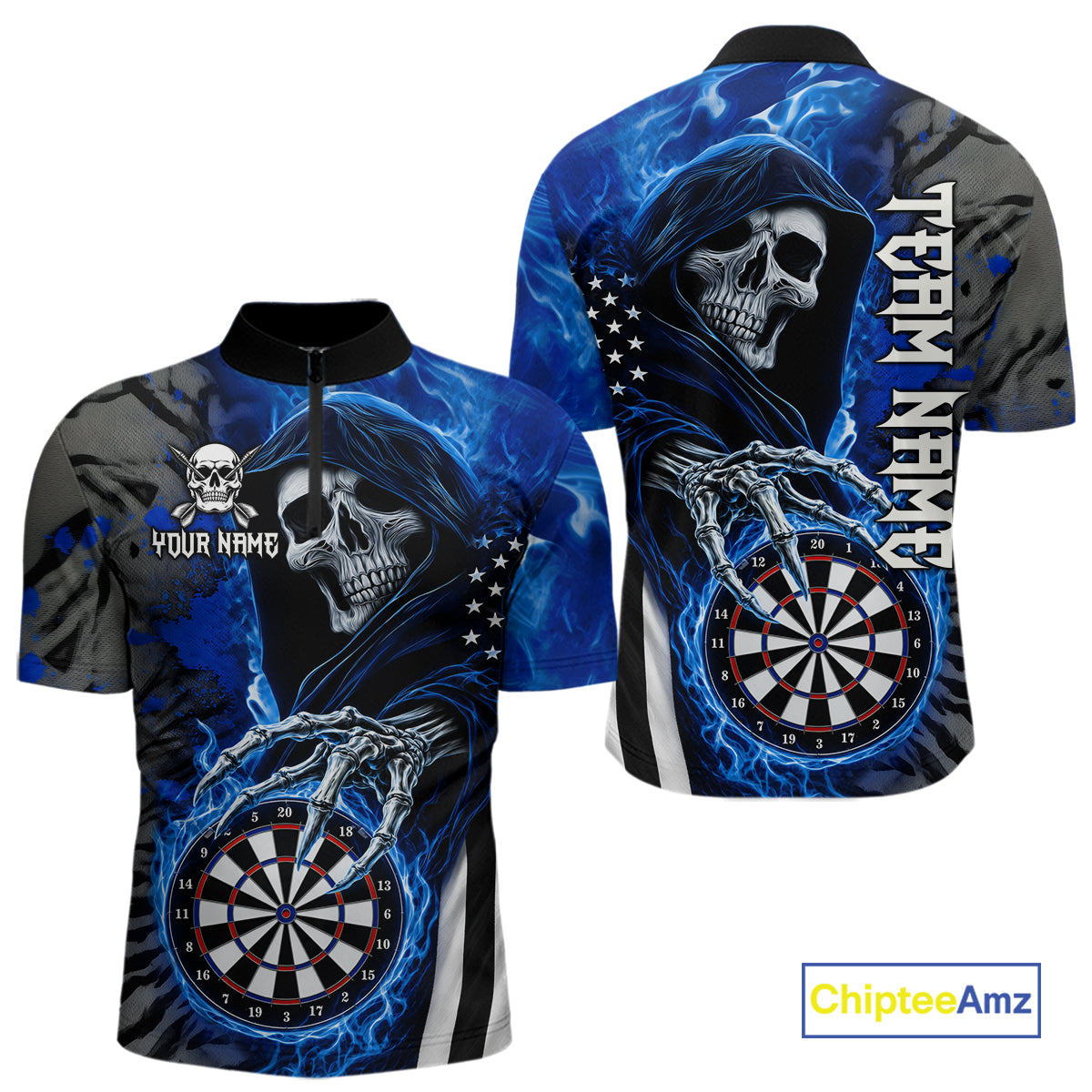 Personalized Blue Flame Grim Reaper US Flag Darts Shirts For Men Custom Skull Darts Team Jersey TDM8031